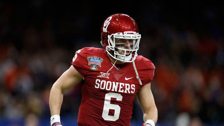 NEW ORLEANS, LA - JANUARY 02: Baker Mayfield #6 of the Oklahoma Sooners reacts after scoring a touchdown against the Auburn Tigers during the Allstate Sugar Bowl at the Mercedes-Benz Superdome on January 2, 2017 in New Orleans, Louisiana. (Photo by Jonathan Bachman/Getty Images)