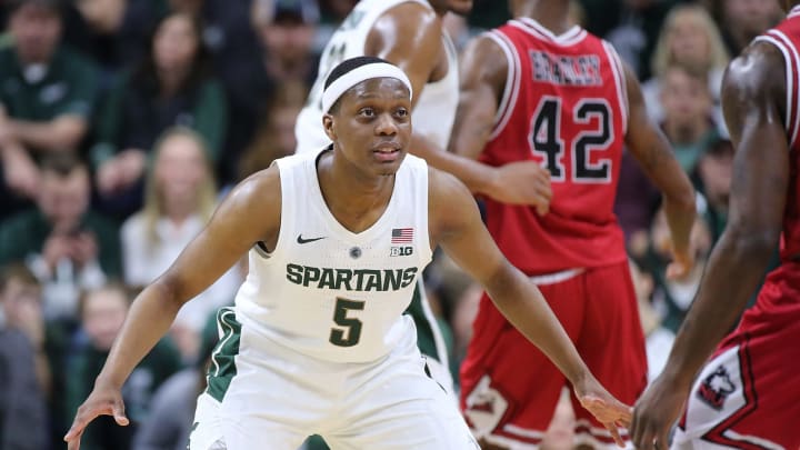 EAST LANSING, MI – DECEMBER 29: Cassius Winston #5 of the Michigan State Spartans looks to defend during the second half of the game against the Northern Illinois Huskies at the Breslin Center on December 29, 2018 in East Lansing, Michigan. Michigan State defeated Northern Illinois 88-60. (Photo by Leon Halip/Getty Images)
