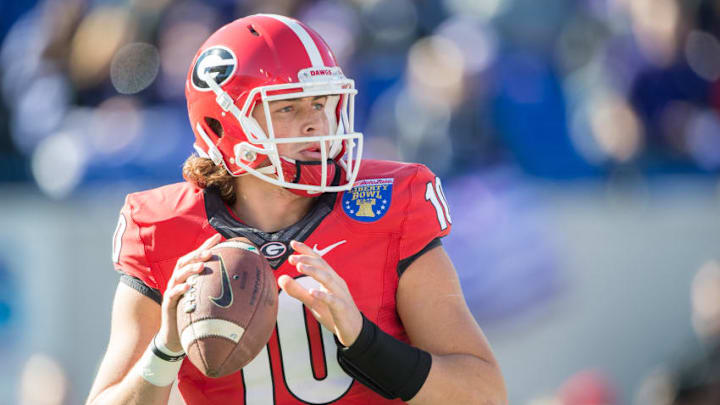 MEMPHIS, TN - DECEMBER 30: Quarterback Jacob Eason No. 10 of the Georgia Bulldogs during their game against the TCU Horned Frogs at Liberty Bowl Memorial Stadium on December 30, 2016 in Memphis, Tennessee. The Georgia Bulldogs defeated the TCU Horned Frogs 31-23. (Photo by Michael Chang/Getty Images)
