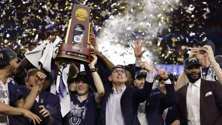 HOUSTON, TEXAS – APRIL 03: Head coach Dan Hurley of the Connecticut Huskies celebrates with his team after defeating the San Diego State Aztecs 76-59 during the NCAA Men’s Basketball Tournament National Championship game at NRG Stadium on April 03, 2023 in Houston, Texas. (Photo by Carmen Mandato/Getty Images)