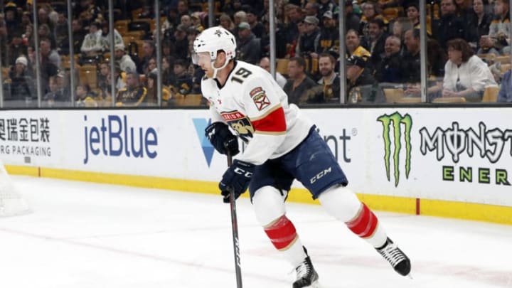 BOSTON, MA - MARCH 07: Florida Panthers defenseman Mike Matheson (19) starts up ice during a game between the Boston Bruins and the Florida Panthers on March 7, 2019, at TD Garden in Boston, Massachusetts. (Photo by Fred Kfoury III/Icon Sportswire via Getty Images)