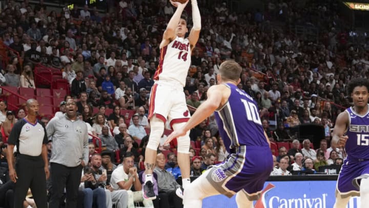 Tyler Herro #14 of the Miami Heat puts up a shot during the second half against the Sacramento Kings(Photo by Eric Espada/Getty Images)