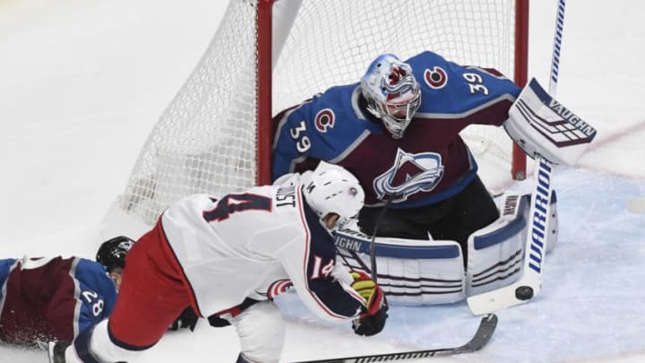 DENVER, CO - NOVEMBER 09: Pavel Francouz (39) of the Colorado Avalanche makes a stick save on a shot by Gustav Nyquist (14) of the Columbus Blue Jackets in the second period at the Pepsi Center November 09, 2019. Ian Cole (28) of the Colorado Avalanche defends on the play. (Photo by Andy Cross/MediaNews Group/The Denver Post via Getty Images)