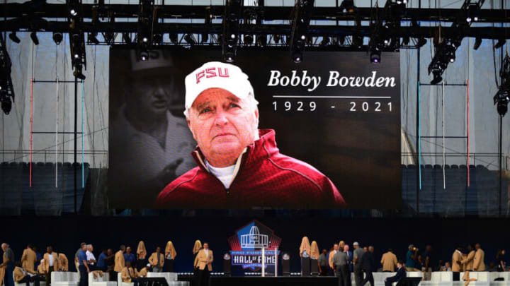 CANTON, OHIO - AUGUST 08: A view of a screen honoring Bobby Bowden during the NFL Hall of Fame Enshrinement Ceremony at Tom Benson Hall Of Fame Stadium on August 08, 2021 in Canton, Ohio. (Photo by Emilee Chinn/Getty Images)