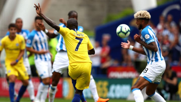 HUDDERSFIELD, ENGLAND - AUGUST 11: N'golo Kante of Chelsea scores his team's first goal during the Premier League match between Huddersfield Town and Chelsea FC at John Smith's Stadium on August 11, 2018 in Huddersfield, United Kingdom. (Photo by Matthew Lewis/Getty Images)