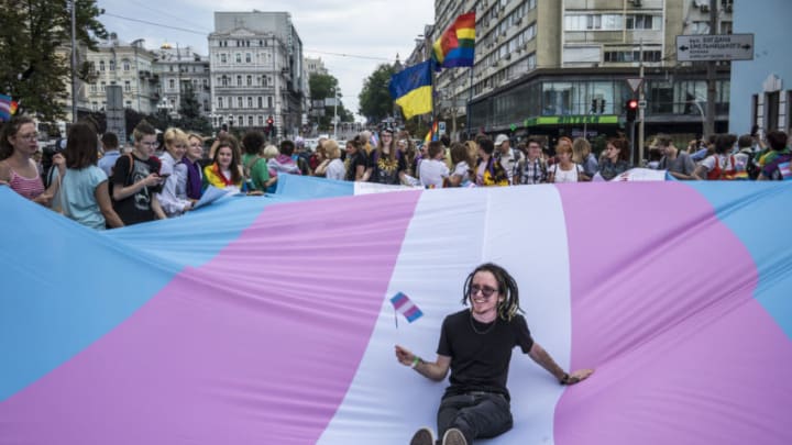 KIEV, UKRAINE - JUNE 23: Transgender activists participate in the Kyiv Pride march, estimated to be the city's largest ever, on June 23, 2019 in Kiev, Ukraine. The parade has been marked by anti-LGBT violence in past years, but a heavy police presence has been generally effective at discouraging direct attacks on parade participants. (Photo by Brendan Hoffman/Getty Images)