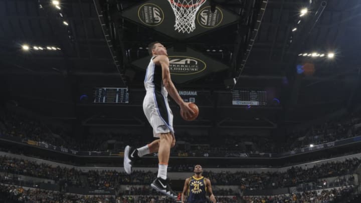 INDIANAPOLIS, IN - JANUARY 27: Aaron Gordon #00 of the Orlando Magic dunks the ball against the Indiana Pacers on January 27, 2018 at Bankers Life Fieldhouse in Indianapolis, Indiana. NOTE TO USER: User expressly acknowledges and agrees that, by downloading and or using this Photograph, user is consenting to the terms and conditions of the Getty Images License Agreement. Mandatory Copyright Notice: Copyright 2018 NBAE (Photo by Ron Hoskins/NBAE via Getty Images)