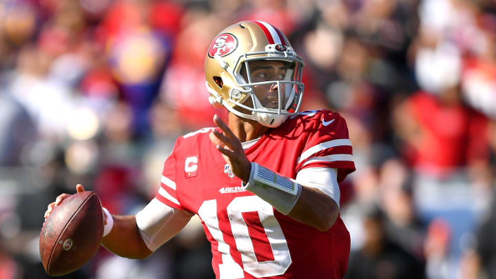 LOS ANGELES, CA – OCTOBER 13: Quarterback Jimmy Garoppolo #10 of the San Francisco 49ers looks to pass in the second half against the Los Angeles Rams at Los Angeles Memorial Coliseum on October 13, 2019 in Los Angeles, California. (Photo by Jayne Kamin-Oncea/Getty Images)