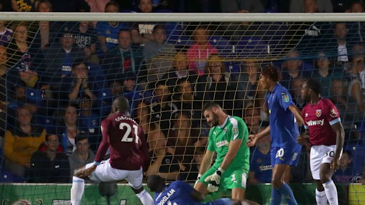 KINGSTON UPON THAMES, ENGLAND - AUGUST 28: Angelo Ogbonna of West Ham United scores his team's second goal during the Carabao Cup Second Round match between AFC Wimbledon and West Ham United at The Cherry Red Records Stadium on August 28, 2018 in Kingston upon Thames, England. (Photo by Catherine Ivill/Getty Images)