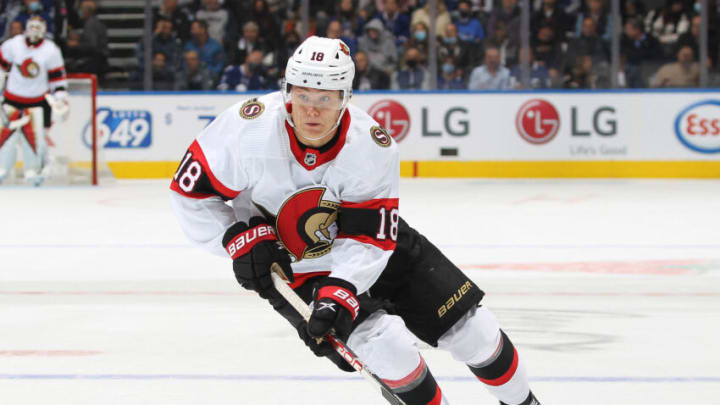 TORONTO, ON - OCTOBER 16: Tim Stutzle #18 of the Ottawa Senators breaks in for a shot against the Toronto Maple Leafs during an NHL game at Scotiabank Arena on October 16, 2021 in Toronto, Ontario, Canada. (Photo by Claus Andersen/Getty Images)