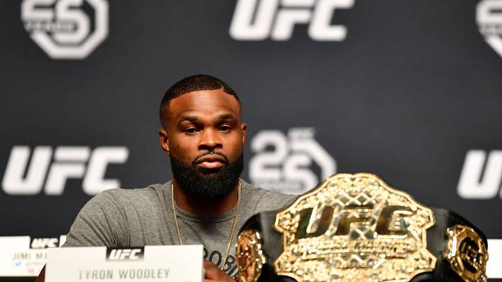 LOS ANGELES, CA - AUGUST 03: UFC welterweight champion Tyron Woodley interacts with the media during the UFC press conference inside the Orpheum Theater on August 3, 2018 in Los Angeles, California. (Photo by Jeff Bottari/Zuffa LLC/Zuffa LLC via Getty Images)
