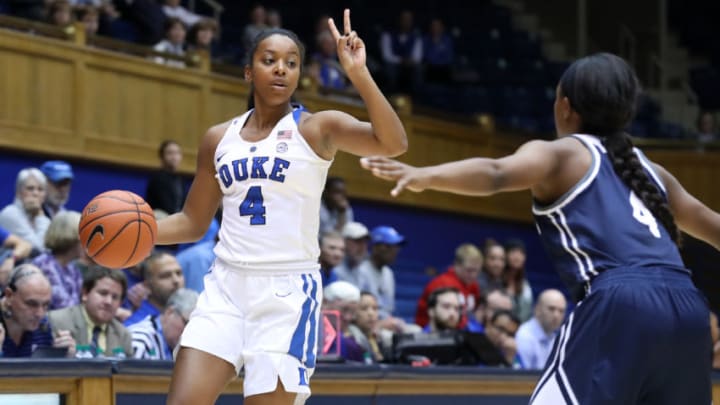 DURHAM, NC - NOVEMBER 15: Duke's Lexie Brown (left) and Longwood's Jada Russell (right). The Duke University Blue Devils hosted the Longwood University Lancers at Cameron Indoor Stadium in Durham, North Carolina in a 2016-17 NCAA Division I Women's Basketball game on November 15, 2016. Duke won the game 105-48. (Photo by Andy Mead/YCJ/Icon Sportswire via Getty Images)