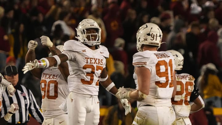 Nov 18, 2023; Ames, Iowa, USA; Texas Longhorns linebacker Morice Blackwell Jr. (37) celebrates a defensive stop on fourth and one during the game against the Iowa State Cyclones at Jack Trice Stadium. Mandatory Credit: Aaron E. Martinez-USA TODAY Sports