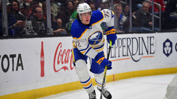 Feb 13, 2023; Los Angeles, California, USA; Buffalo Sabres center Tage Thompson (72) controls the puck against the Los Angeles Kings during the first period at Crypto.com Arena. Mandatory Credit: Gary A. Vasquez-USA TODAY Sports