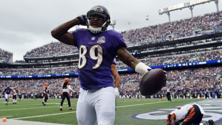 Sep 27, 2015; Baltimore, MD, USA; ) Baltimore Ravens wide receiver Steve Smith (89) celebrates after hits touchdown during the third quarter against the Cincinnati Bengals at M&T Bank Stadium. Mandatory Credit: Tommy Gilligan-USA TODAY Sports