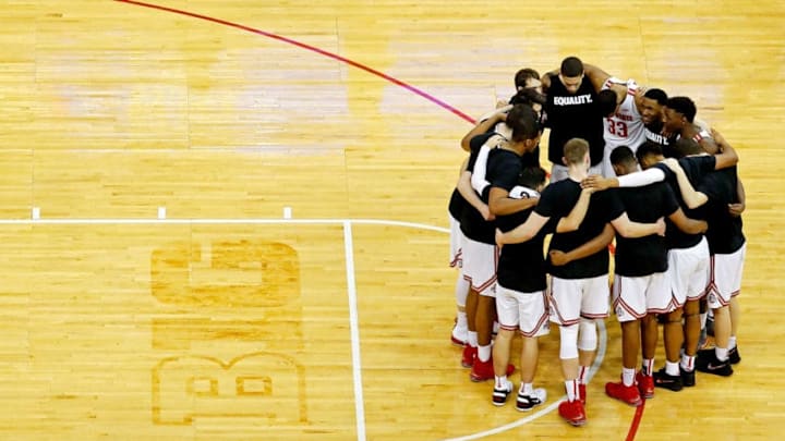 COLUMBUS, OH - FEBRUARY 10: Members of the Ohio State Buckeyes huddle prior to the start of the second half of the game against the Iowa Hawkeyes at Value City Arena on February 10, 2018 in Columbus, Ohio. Ohio State defeated Iowa 82-64. (Photo by Kirk Irwin/Getty Images)