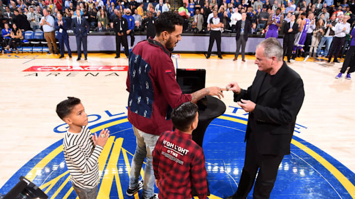 OAKLAND, CA - NOVEMBER 27: Matt Barnes receives his 2017 NBA Championship ring on November 27, 2017 at ORACLE Arena in Oakland, California. NOTE TO USER: User expressly acknowledges and agrees that, by downloading and/or using this photograph, user is consenting to the terms and conditions of Getty Images License Agreement. Mandatory Copyright Notice: Copyright 2017 NBAE (Photo by Noah Graham/NBAE via Getty Images)