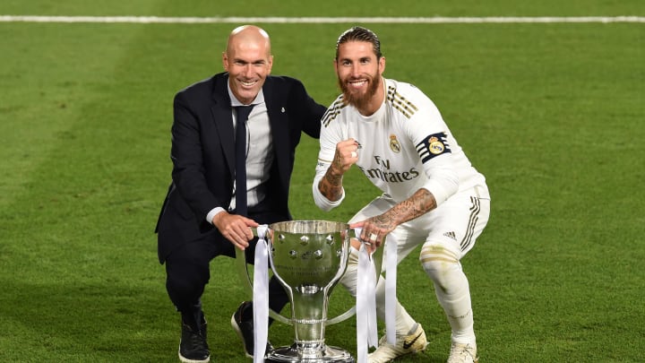 Real Madrid head coach Zinedine Zidane and captain Sergio Ramos on July 16, 2020 in Madrid, Spain. (Photo by Denis Doyle/Getty Images)