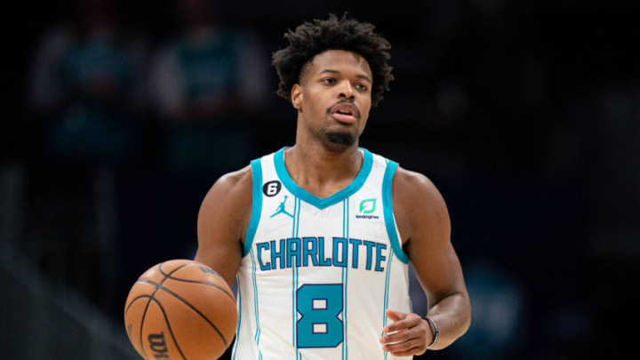 CHARLOTTE, NORTH CAROLINA - NOVEMBER 09: Dennis Smith Jr. #8 of the Charlotte Hornets brings the ball up court against the Portland Trail Blazers during their game at Spectrum Center on November 09, 2022 in Charlotte, North Carolina. NOTE TO USER: User expressly acknowledges and agrees that, by downloading and or using this photograph, User is consenting to the terms and conditions of the Getty Images License Agreement. (Photo by Jacob Kupferman/Getty Images)