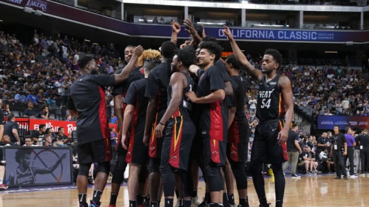 SACRAMENTO, CA - JULY 5: Miami Heat huddle before the game against the Sacramento Kings during the 2018 Summer League at the Golden 1 Center on July 5, 2018 in Sacramento, California. NOTE TO USER: User expressly acknowledges and agrees that, by downloading and or using this photograph, User is consenting to the terms and conditions of the Getty Images License Agreement. Mandatory Copyright Notice: Copyright 2018 NBAE (Photo by Rocky Widner/NBAE via Getty Images)