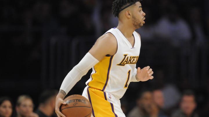 March 19, 2017; Los Angeles, CA, USA; Los Angeles Lakers guard D’Angelo Russell (1) controls the ball against the Cleveland Cavaliers during first half at Staples Center. Mandatory Credit: Gary A. Vasquez-USA TODAY Sports