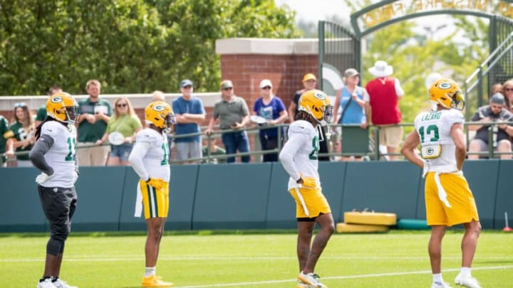 From left to right, Green Bay Packers wide receivers Sammy Watkins (11), Randall Cobb (18), Juwann Winfree (88) and Allen Lazard (13) participate in training camp on Monday, Aug. 1, 2022, at Ray Nitschke Field in Ashwaubenon, Wisconsin. Samantha Madar/USA TODAY NETWORK-Wis.Gpg Training Camp 08012022 0002