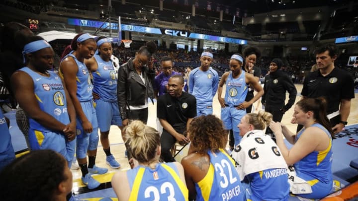 CHICAGO, IL - MAY 14: The The Chicago Sky huddle up against the Indiana Fever on May 14, 2019 at the Wintrust Arena in Chicago, Illinois. NOTE TO USER: User expressly acknowledges and agrees that, by downloading and or using this photograph, User is consenting to the terms and conditions of the Getty Images License Agreement. Mandatory Copyright Notice: Copyright 2019 NBAE (Photo by Jeff Haynes/NBAE via Getty Images)