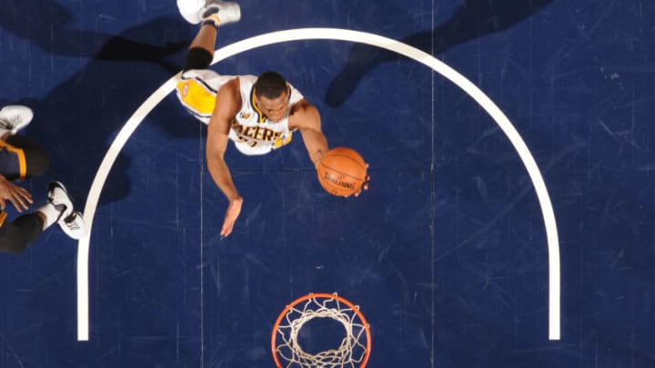 INDIANAPOLIS, IN - APRIL 23: Thaddeus Young #21 of the Indiana Pacers goes up for a lay up against the Cleveland Cavaliers during Game Four of the Eastern Conference Quarterfinals of the 2017 NBA Playoffs on April 23, 2017 at Bankers Life Fieldhouse in Indianapolis, Indiana. NOTE TO USER: User expressly acknowledges and agrees that, by downloading and/or using this photograph, user is consenting to the terms and conditions of the Getty Images License Agreement. Mandatory Copyright Notice: Copyright 2017 NBAE (Photo by Ron Hoskins/NBAE via Getty Images)