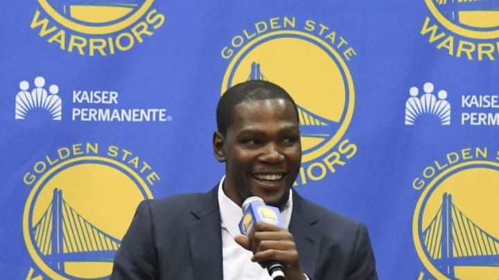 Jul 7, 2016; Oakland, CA, USA; Kevin Durant addresses the media in a press conference after signing with the Golden State Warriors at the Warriors Practice Facility. Mandatory Credit: Kyle Terada-USA TODAY Sports