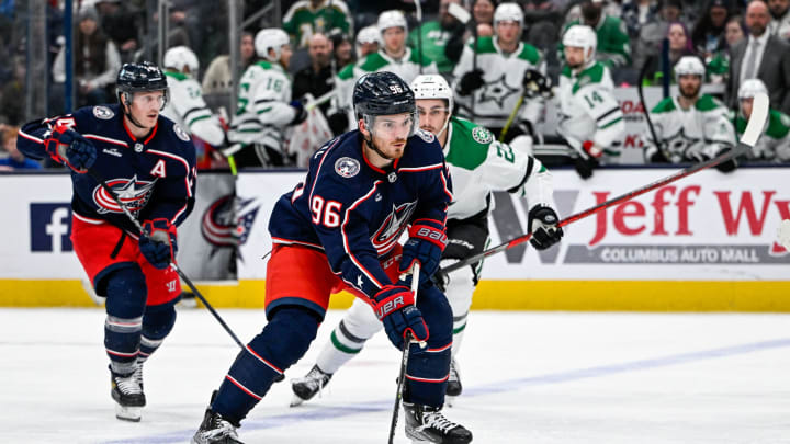 Dec 19, 2022; Columbus, Ohio, USA; Columbus Blue Jackets center Jack Roslovic (96) in the third period against the Dallas Stars at Nationwide Arena. Mandatory Credit: Gaelen Morse-USA TODAY Sports