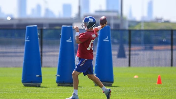 Jun 6, 2016; East Rutherford, NJ, USA; New York Giants quarterback Eli Manning (10) throws a pass during organized team activities at Quest Diagnostics Training Center. Mandatory Credit: Ed Mulholland-USA TODAY Sports