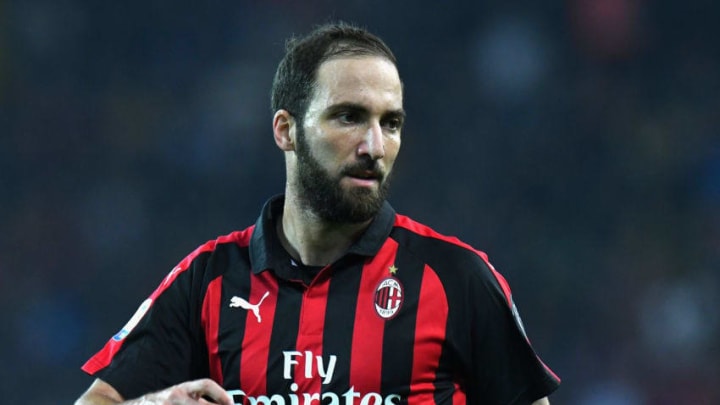 UDINE, ITALY - NOVEMBER 04: Gonzalo Higuain of AC Milan looks on during the Serie A match between Udinese and AC Milan at Stadio Friuli on November 4, 2018 in Udine, Italy. (Photo by Alessandro Sabattini/Getty Images)