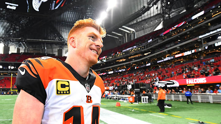 ATLANTA, GA – SEPTEMBER 30: Andy Dalton #14 of the Cincinnati Bengals celebrates beating the Atlanta Falcons at Mercedes-Benz Stadium on September 30, 2018 in Atlanta, Georgia. (Photo by Scott Cunningham/Getty Images)