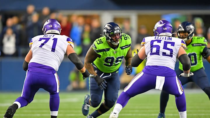 SEATTLE, WASHINGTON – DECEMBER 02: Quinton Jefferson #99 of the Seattle Seahawks gets off the ball during the game against the Minnesota Vikings at CenturyLink Field on December 02, 2019 in Seattle, Washington. The Seattle Seahawks won, 37-30. (Photo by Alika Jenner/Getty Images)