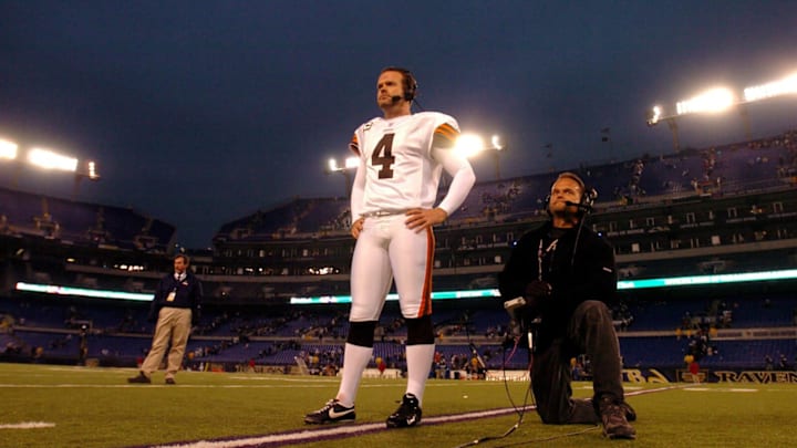 BALTIMORE – NOVEMBER 18: Phil Dawson #4 of the Cleveland Browns conducts a post game interview after kicking the winning field goal in OT against the Baltimore Ravens at M&T Bank Stadium on November 18, 2007 in Baltimore, Maryland. The Browns defeated the Ravens in overtime 33-30. (Photo by Larry French/Getty Images)