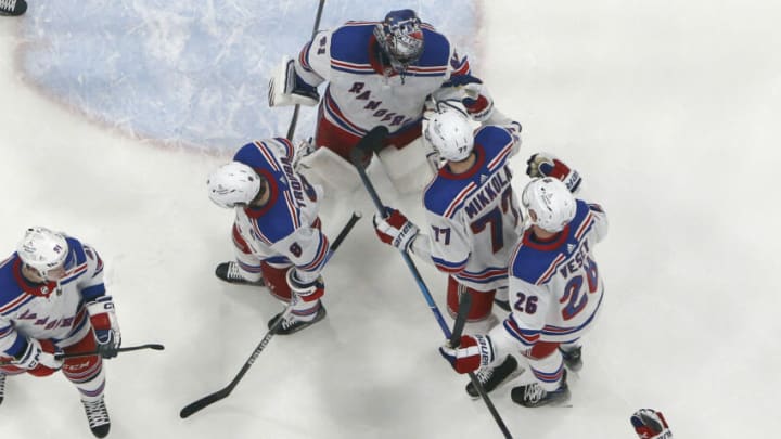 SUNRISE, FL - MARCH 25: Teammates congratulate Goaltender Jaroslav Halak #41 of the New York Rangers after the 4-3 win against the Florida Panthers at the FLA Live Arena on March 25, 2023 in Sunrise, Florida. (Photo by Joel Auerbach/Getty Images)