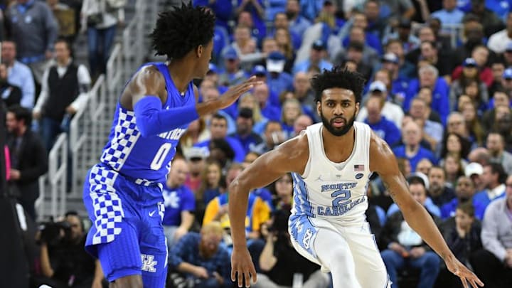 Dec 17, 2016; Las Vegas, NV, USA; North Carolina Tar Heels guard Joel Berry (2) dribbles during a game against the Kentucky Wildcats at T-Mobile Arena. Mandatory Credit: Stephen R. Sylvanie-USA TODAY Sports