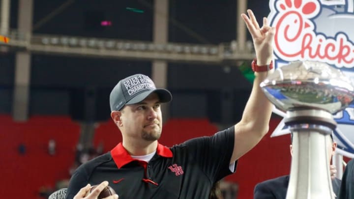 Dec 31, 2015; Atlanta, GA, USA; Houston Cougars head coach Tom Herman talks after a game against the Florida State Seminoles in the 2015 Chick-fil-A Peach Bowl at the Georgia Dome. Houston defeated Florida State 38-24. Mandatory Credit: Brett Davis-USA TODAY Sports