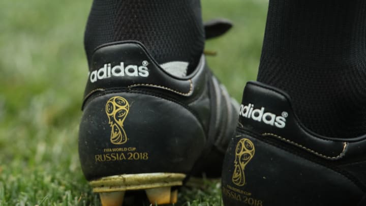 MOSCOW, RUSSIA - JUNE 20: Detail View of the assistant Referee's adidas boots with World Cup Russia logo during the 2018 FIFA World Cup Russia group B match between Portugal and Morocco at Luzhniki Stadium on June 20, 2018 in Moscow, Russia. (Photo by Matthew Ashton - AMA/Getty Images)