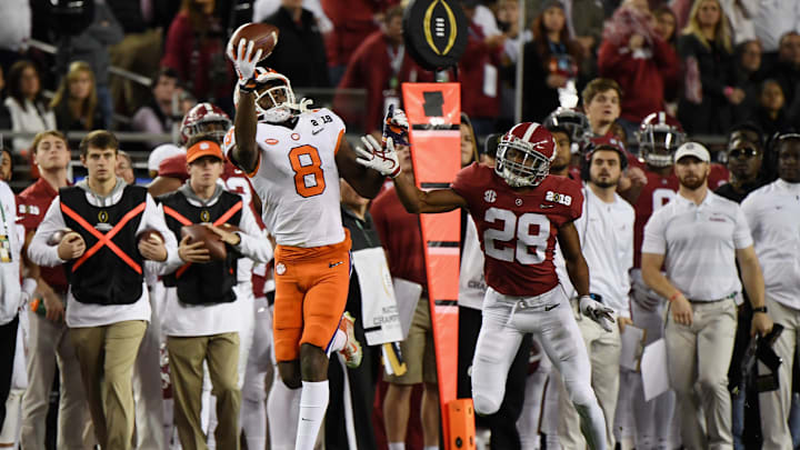 SANTA CLARA, CA – JANUARY 07: Justyn Ross #8 of the Clemson Tigers makes a catch against Josh Jobe #28 of the Alabama Crimson Tide during the third quarter in the CFP National Championship presented by AT&T at Levi’s Stadium on January 7, 2019 in Santa Clara, California. (Photo by Thearon W. Henderson/Getty Images)