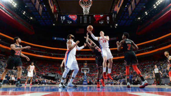 AUBURN HILLS, MI – MARCH 24: Blake Griffin #23 of the Detroit Pistons goes to the basket against the Chicago Bulls on March 24, 2018 at Little Caesars Arena in Auburn Hills, Michigan. NOTE TO USER: User expressly acknowledges and agrees that, by downloading and/or using this photograph, User is consenting to the terms and conditions of the Getty Images License Agreement. Mandatory Copyright Notice: Copyright 2018 NBAE (Photo by Chris Schwegler/NBAE via Getty Images)