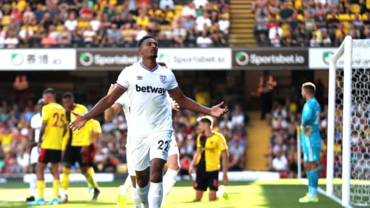 WATFORD, ENGLAND - AUGUST 24: Sebastien Haller of West Ham United celebrates after scoring his team's third goal during the Premier League match between Watford FC and West Ham United at Vicarage Road on August 24, 2019 in Watford, United Kingdom. (Photo by Christopher Lee/Getty Images)