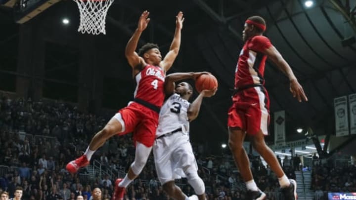 INDIANAPOLIS, IN – NOVEMBER 16: Kamar Baldwin #3 of the Butler Bulldogs shoots the ball against Breein Tyree #4 of the Mississippi Rebels at Hinkle Fieldhouse on November 16, 2018, in Indianapolis, Indiana. (Photo by Michael Hickey/Getty Images)