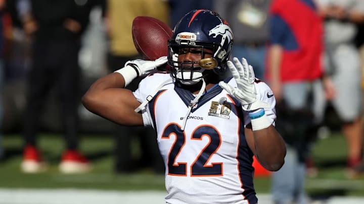 Feb 7, 2016; Santa Clara, CA, USA; Denver Broncos running back C.J. Anderson (22) warms up before Super Bowl 50 against the Carolina Panthers at Levi