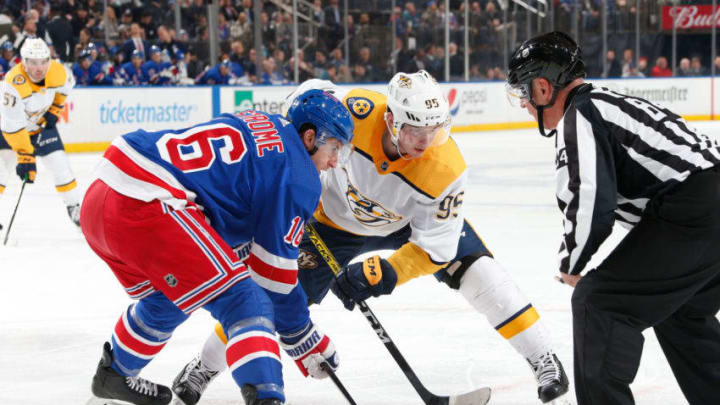 NEW YORK, NY - DECEMBER 16: Ryan Strome #16 of the New York Rangers faces off against Matt Duchene #95 of the Nashville Predators at Madison Square Garden on December 16, 2019 in New York City. (Photo by Jared Silber/NHLI via Getty Images)