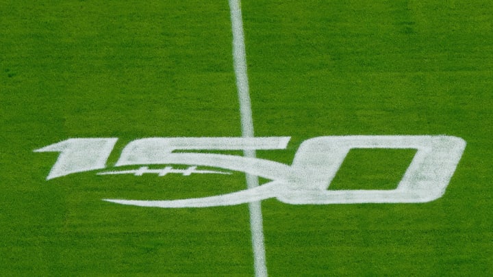 MIAMI, FLORIDA – DECEMBER 30: NCAA Football 150 logo on the field prior to Capital One Orange Bowl between the Florida Gators and the Virginia Cavaliers at Hard Rock Stadium on December 30, 2019 in Miami, Florida. (Photo by Mark Brown/Getty Images)