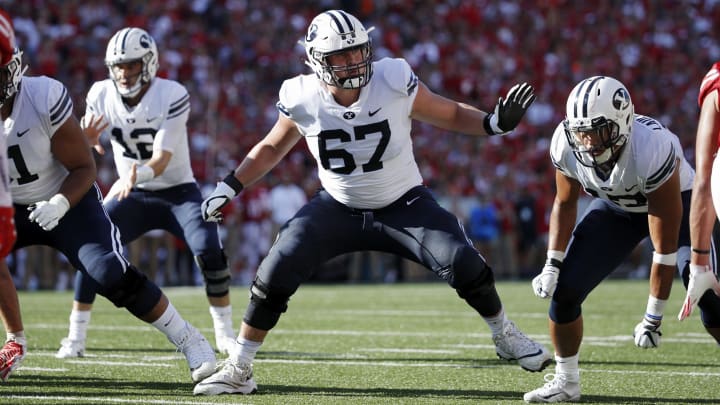 MADISON, WI – SEPTEMBER 15: Brady Christensen #67 of the BYU Cougars in action during the game against the Wisconsin Badgers at Camp Randall Stadium on September 15, 2018 in Madison, Wisconsin. BYU won 24-21. (Photo by Joe Robbins/Getty Images)