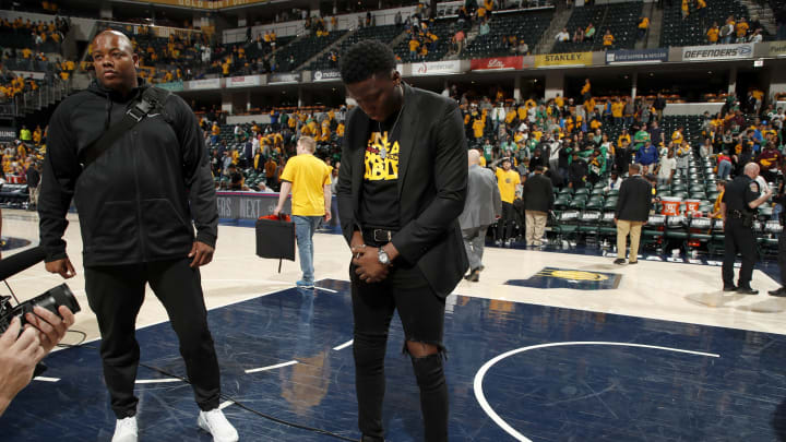 INDIANAPOLIS, IN – APRIL 21: Victor Oladipo #4 of the Indiana Pacers is seen after Game Four of Round One of the 2019 NBA Playoffs against the Boston Celtics on April 21, 2019. Copyright 2019 NBAE (Photo by Jeff Haynes/NBAE via Getty Images)