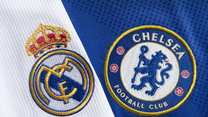 MANCHESTER, ENGLAND - SEPTEMBER 01: The Real Madrid and Chelseaa club crests on their first team home shirts on September 1, 2020 in Manchester, United Kingdom. (Photo by Visionhaus)