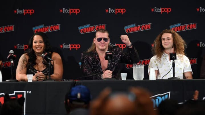 NEW YORK, NEW YORK - OCTOBER 04: (L-R) Nyla Rose, Chris Jericho, and Jack Perry aka Jungle Boy attend the All Elite Wrestling panel during 2019 New York Comic Con at Jacob Javits Center on October 04, 2019 in New York City. (Photo by Noam Galai/Getty Images for WarnerMedia Company)